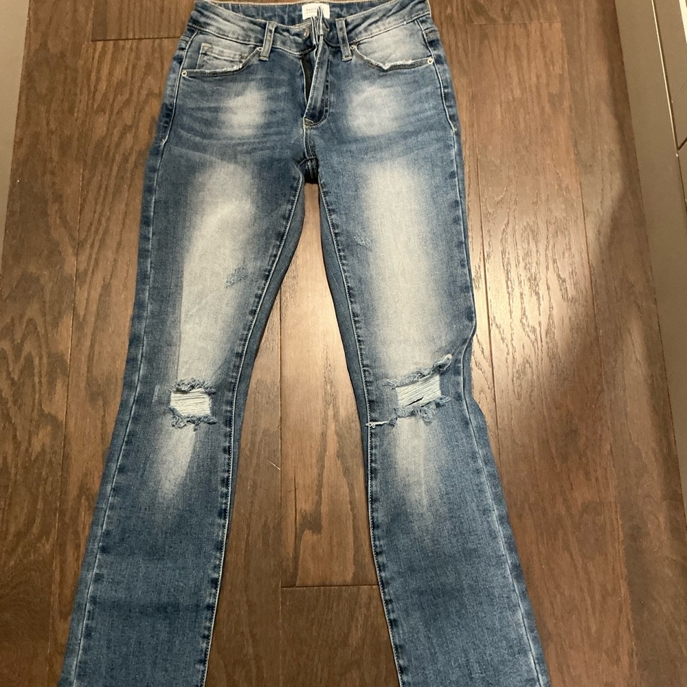 Blue Straight Leg Jeans with Distressed Details